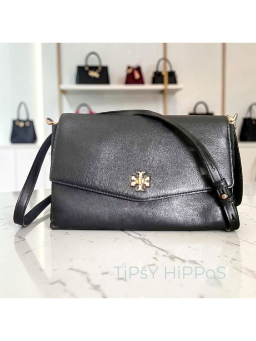 Tory Burch Black & Suede Kira Handbag With Gold Accents & Adjustable Strap
